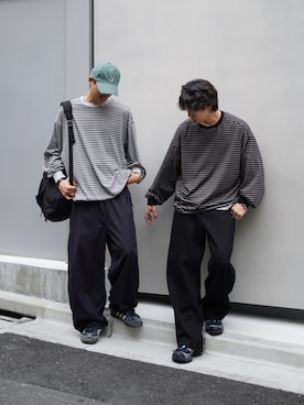 「CIAOPANIC TYPY（チャオパニックティピー）のオーバーサイズマルチボーダーロンTee（Tシャツ/カットソー、ブラック系）」を使った、KOGIさん（メンズ・175cm）の夏コーディネート