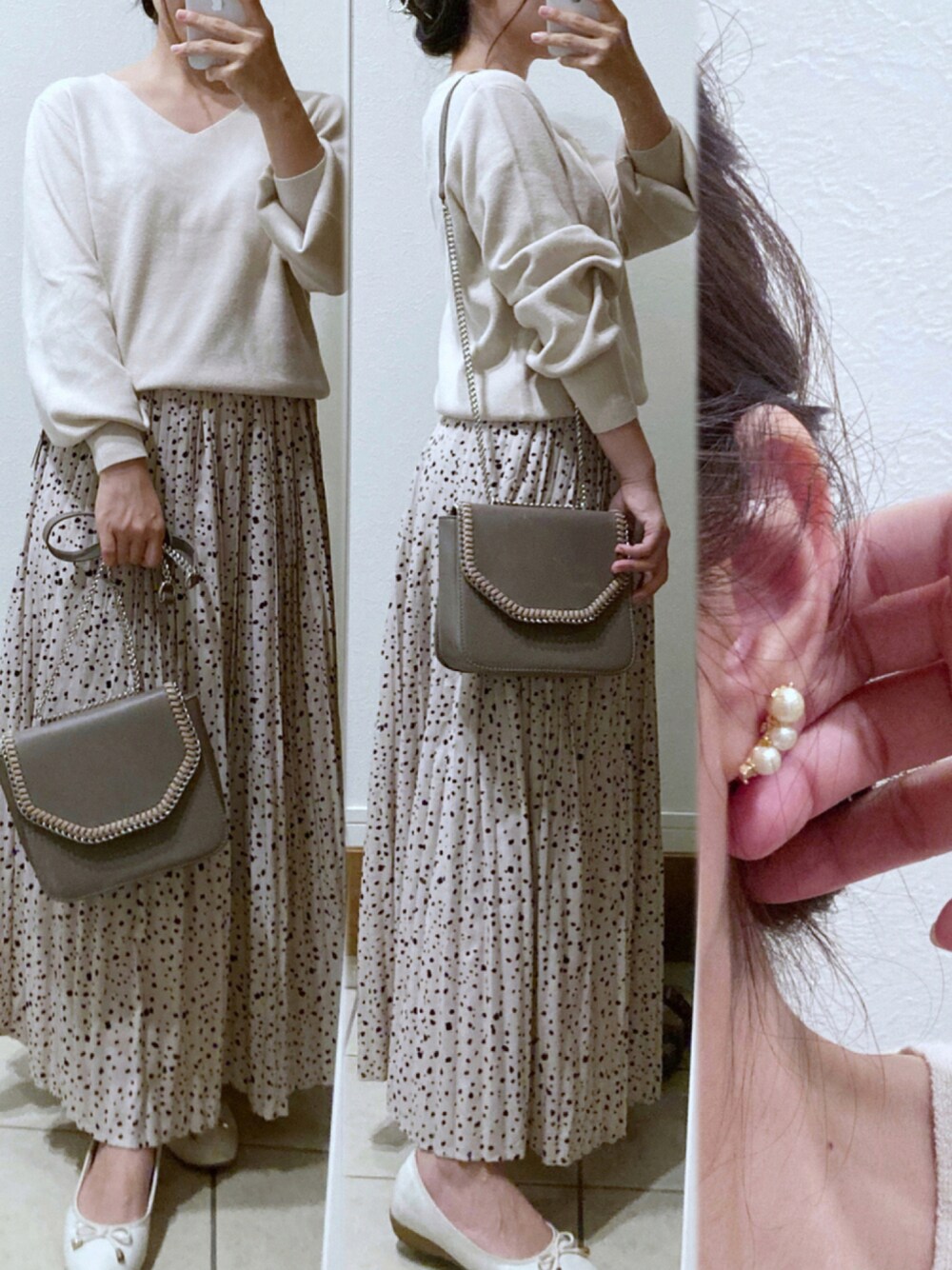 ホワイト系のニット/セーター、ホワイト系のスカートを着用したレディースの秋コーディネートの1枚目の写真