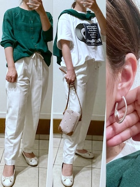 「andme（アンドミー）の【13色展開】きれいめツイル美脚ドローストリングテーパードパンツ（スラックス）」を使った、momi.さん（レディース・152cm）の夏コーディネート