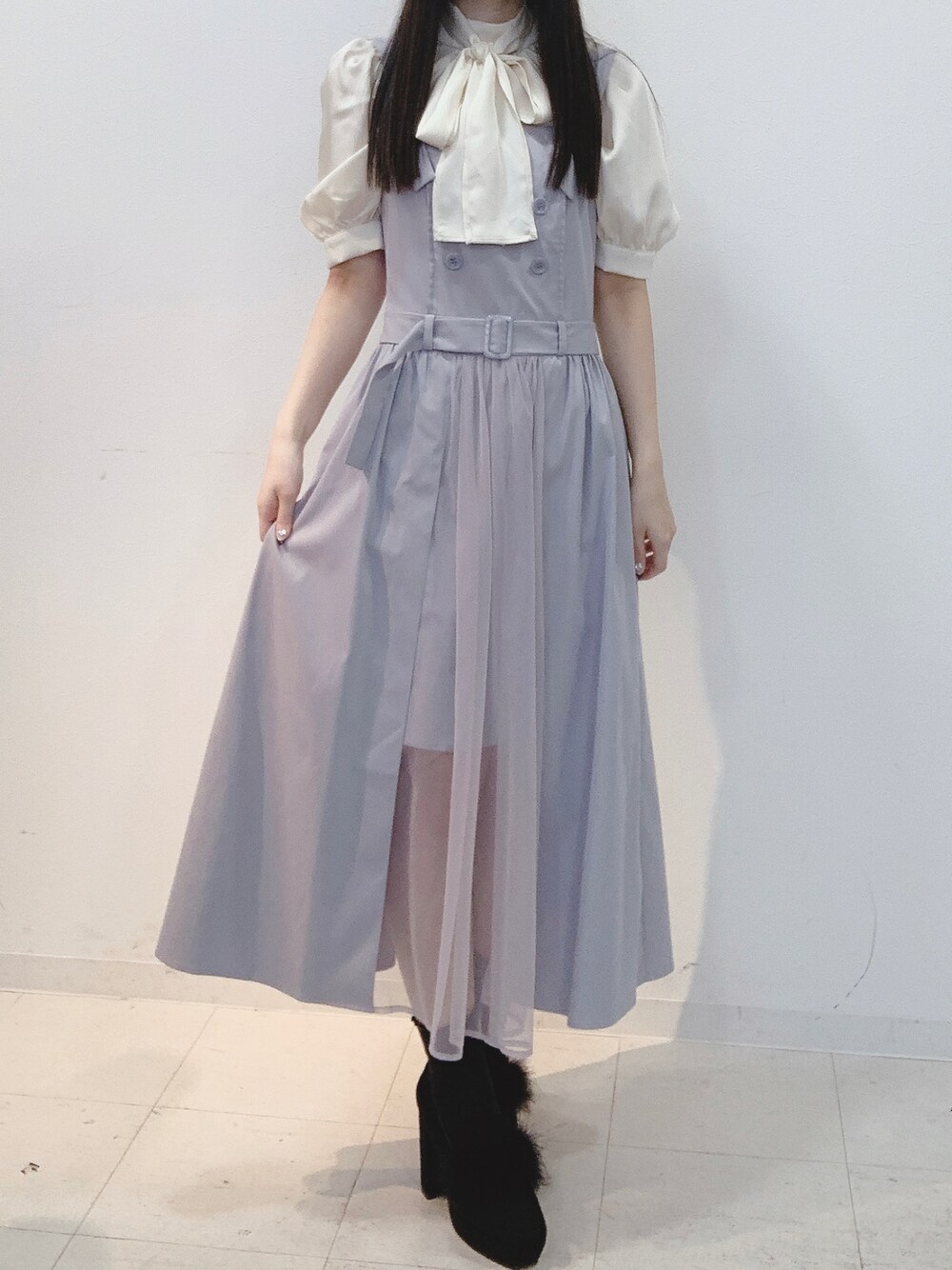 「titty&Co.、サテン、シースルー、ローファー、春、ガーリー」｜「TITTY&CO.の【titty&Co. Produced by POYO】バルーン袖リボンブラウス（シャツ/ブラウス、ベージュ系）」を使った、yuka🐰さん（レディース・161cm）の春コーディネートの1枚目の写真