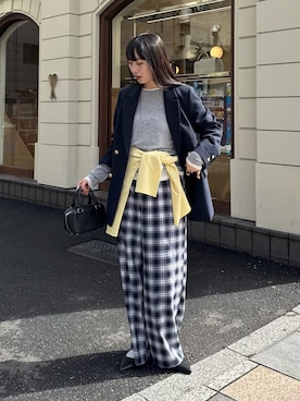 「fredy emue（フレディエミュ）の【3サイズ展開/オンオフ使える】ダブルブレストジャケット（休闲西装、ブルー系）」を使った、スダサチカさん（レディース・155cm）の春コーディネート