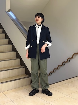 「fredy emue（フレディエミュ）のダブルブレストジャケット（テーラードジャケット）」を使った、スダサチカさん（レディース・155cm）の冬コーディネート