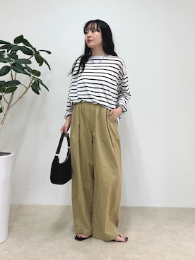「fredy emue（フレディエミュ）のハートステッチシアーボーダーロンTシャツ（Tシャツ/カットソー、ホワイト系）」を使った、スダサチカさん（レディース・155cm）の夏コーディネート