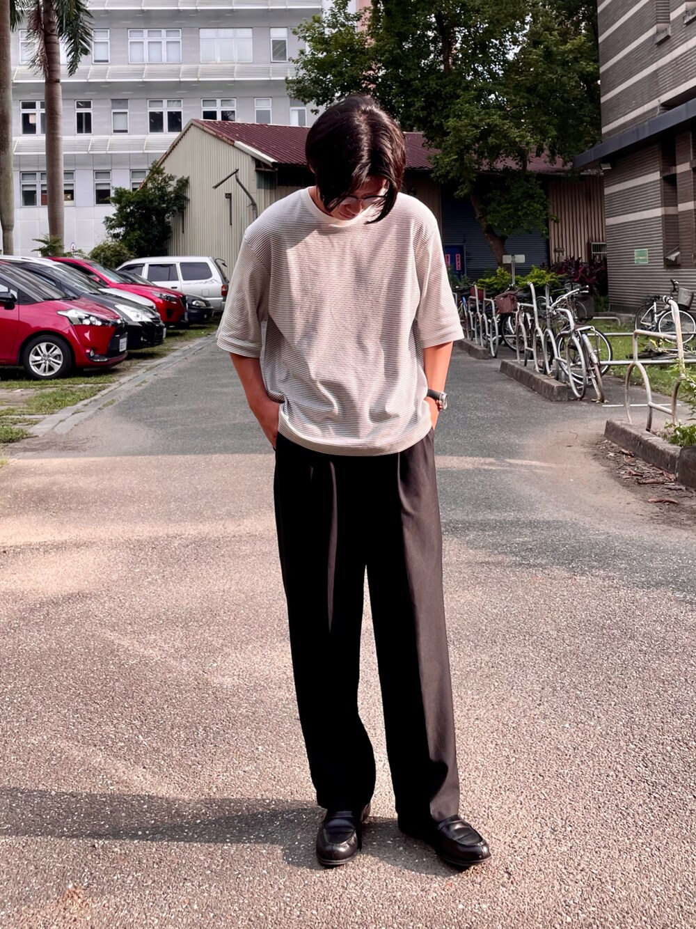 「POLYPLOID、ootd、Tシャツ、シンプル、今日のコーデ、夏コーデ、夏だ！Tシャツ着よう！、休日スタイル」｜「POLYPLOIDのPOLYPLOID / T Shirt #B (White × Black) / size(1) / ¥18,700（Tシャツ/カットソー、ホワイト系）」を使った、Kさん（メンズ・174cm）の夏コーディネートの1枚目の写真