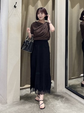 「mysty woman（ミスティウーマン）のドレープカットソー半袖　1049038（Tシャツ/カットソー、ブラウン系）」を使った、maika10008さん（レディース）の夏コーディネート