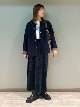 「アイテム（ノーカラーコート）」を使った、福西さん（レディース・160cm）の秋コーディネート