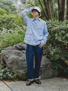 「KANGOL（カンゴール）の【KANGOL】Washed Bucket/【カンゴール】ウォッシュド バケット ハット（ハット、ホワイト系）」を使った、三木 克海さん（メンズ・175cm）の春コーディネート
