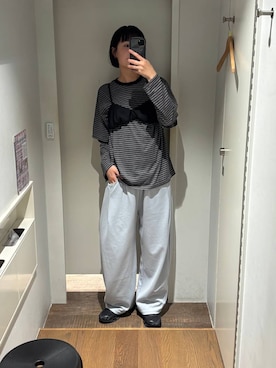 「JEANASIS（ジーナシス）のソデレイヤードボーダーロンTEE/1067540（Tシャツ/カットソー、ブラック系）」を使った、まるさん（JEANASIS）さん（レディース・171cm）の夏コーディネート