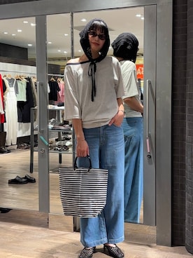 「JEANASIS（ジーナシス）のアソートリンガーボートネックTEE SS/1051164（Tシャツ/カットソー、グレー系）」を使った、まるさん（JEANASIS）さん（レディース・171cm）の夏コーディネート
