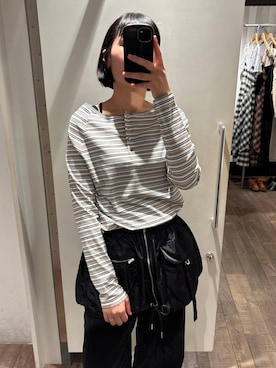 「JEANASIS（ジーナシス）のマルチボーダーヘンリーLST/589935（Tシャツ/カットソー、ホワイト系）」を使った、まるさん（JEANASIS）さん（レディース・171cm）の春コーディネート