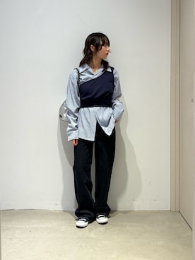 「CPCM（シーピーシーエム）の【PIPI's企画】ベストセットシャツ（シャツ/ブラウス、ブルー系）」を使った、おきくさん（レディース・155cm）の春コーディネート