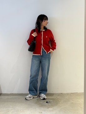 「U.S. POLO ASSN.（ユーエスポロアッスン）のフェイクレイヤードスウェットライクカーディガン（カーディガン/ボレロ、オレンジ系）」を使った、おきくさん（レディース・155cm）の春コーディネート