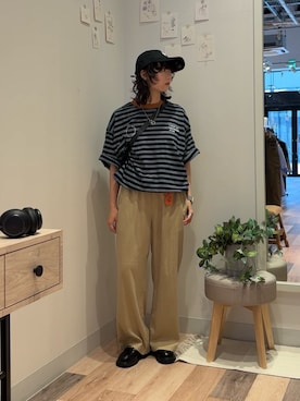 「CPCM（シーピーシーエム）のインディゴボーダーT（Tシャツ/カットソー、ブルー系）」を使った、おきくさん（レディース・155cm）の夏コーディネート