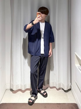 「GLOBAL WORK（グローバルワーク）のアーバンスラックスAIR/632888（スラックス、ブルー系）」を使った、onkitiさん（メンズ）の夏コーディネート
