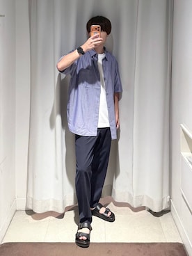 「GLOBAL WORK（グローバルワーク）のアーバンスラックスAIR/632888（スラックス、ブルー系）」を使った、onkitiさん（メンズ）の夏コーディネート