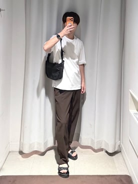 「GLOBAL WORK（グローバルワーク）のリッチクリーンTシャツ/半袖プリント/636394（Tシャツ/カットソー、ホワイト系）」を使った、onkitiさん（メンズ）の夏コーディネート