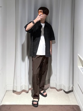 「GLOBAL WORK（グローバルワーク）のリッチクリーンTシャツ/半袖プリント/636394（Tシャツ/カットソー、ホワイト系）」を使った、onkitiさん（メンズ）の夏コーディネート