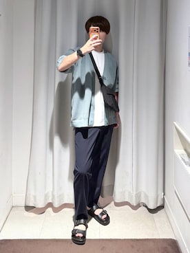 「GLOBAL WORK（グローバルワーク）のアーバンスラックスAIR/632888（スラックス、ブルー系）」を使った、onkitiさん（メンズ）の夏コーディネート