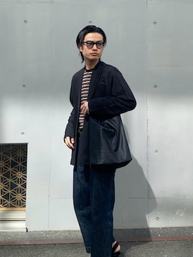 「URBAN RESEARCH（アーバンリサーチ）のMARKAWARE　JAPANESE CARDIGAN（カーディガン/ボレロ、ブラック系）」を使った、eishiさん（メンズ・173cm）の夏コーディネート