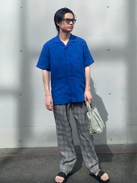 「URBAN RESEARCH（アーバンリサーチ）の『別注』BROOKS BROTHERS×URBAN RESEARCH　LINEN CAMP SHIRTS SHORT-SLEEVE（シャツ/ブラウス、ブルー系）」を使った、eishiさん（メンズ・173cm）の夏コーディネート