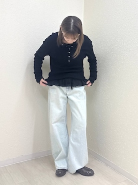 「LOWRYS FARM（ローリーズファーム）のシアーヘンリーニットプルオーバー  587720（ニット/セーター、ブラック系）」を使った、のん  さん（レディース・154cm）の春コーディネート