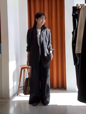 「Whim Gazette（ウィムガゼット）のリネンライクダブルテーラードジャケット（テーラードジャケット、ブラック系）」を使った、gotoさん（レディース・159cm）の春コーディネート