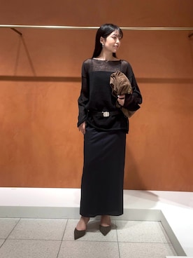 「Whim Gazette（ウィムガゼット）のボートメッシュニットプルオーバー（ニット/セーター、ブラック系）」を使った、gotoさん（レディース・159cm）の春コーディネート