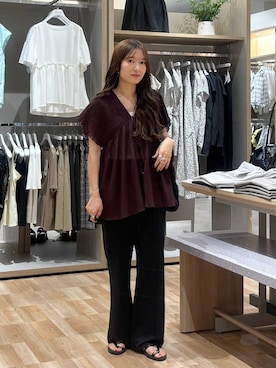「GLOBAL WORK（グローバルワーク）の手編みペーパーBAG/651445（トートバッグ、ブラック系）」を使った、cossyさん（レディース）の夏コーディネート