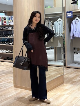 「GLOBAL WORK（グローバルワーク）のサラサラヘンリーネック長袖プルオーバー/1017895（Tシャツ/カットソー、ブラック系）」を使った、cossyさん（レディース）の秋コーディネート
