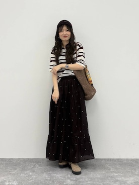 「GLOBAL WORK（グローバルワーク）のmeets India/ティアード刺繍スカート/625306（スカート、ブラウン系）」を使った、cossyさん（レディース）の春コーディネート
