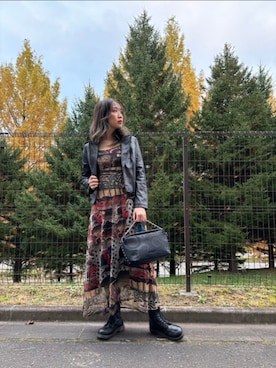「Desigual（デシグアル）のアイテム（ライダースジャケット）」を使った、Desigual 仙台泉 STAFFさん（レディース・168cm）の秋コーディネート
