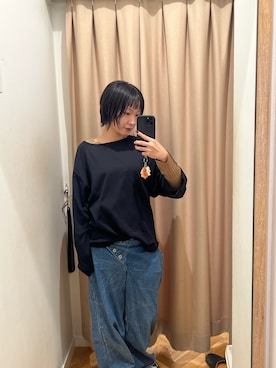 「HAKUJI（ハクジ）のHAKUJI　BACK TWIST PULLOVER（Tシャツ/カットソー、ブラック系）」を使った、reikaさん（レディース・157cm）の秋コーディネート