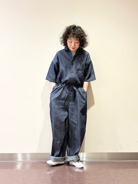 「かぐれ（カグレ）の綿麻デニムハーフスリーブオールインワン（つなぎ/オールインワン、ブルー系）」を使った、**ai**さん（レディース・156cm）の春コーディネート