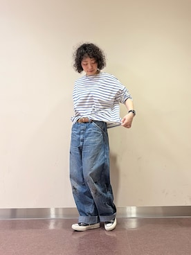 「かぐれ（カグレ）のクロップドボーダーカットソー（Tシャツ/カットソー、ブルー系）」を使った、**ai**さん（レディース・156cm）の春コーディネート