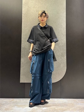 「HARE（ハレ）の【接触冷感】 ポンチシシュウポロカット(HARE)（ポロシャツ、ブラック系）」を使った、mia4422hさん（レディース・166cm）の夏コーディネート