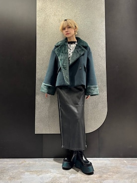 「HARE（ハレ）のウーリーテックフェイクファーショートコート(HARE)（ピーコート）」を使った、mia4422hさん（レディース・166cm）の秋コーディネート