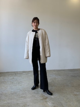 「アイテム（ノーカラーコート）」を使った、Lianさん（レディース・157cm）の夏コーディネート