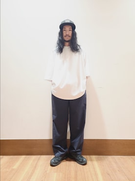 「ITEMS URBANRESEARCH（アイテムズ アーバンリサーチ）のワイドフィットショートスリーブポンチTシャツ（Tシャツ/カットソー、ホワイト系）」を使った、アライタカノリさん（メンズ・164cm）の夏コーディネート