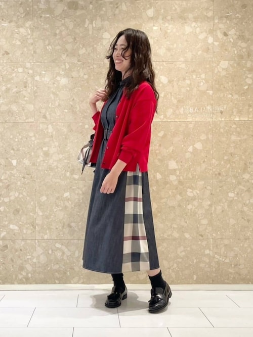 デニムライクパーシャルチェックドレス（ワンピース）｜BLUE LABEL