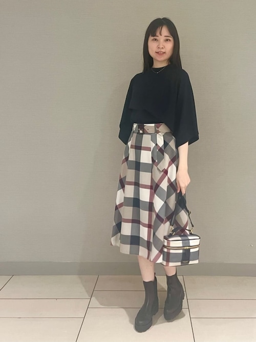 クレストブリッジチェックウールポリエステルフレアスカート