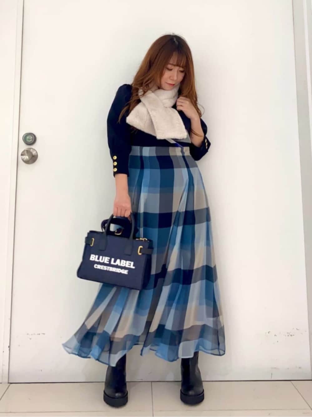 ブルーレーベルクレストブリッジ BLUE LABEL CRESTBRIDGE シャツ ブラウス ロゴ 刺繍 タック 丸襟 長袖 ドット 白 36 トップス ブルーレーベルクレストブリッジ チェックエアリーツイルチュニック