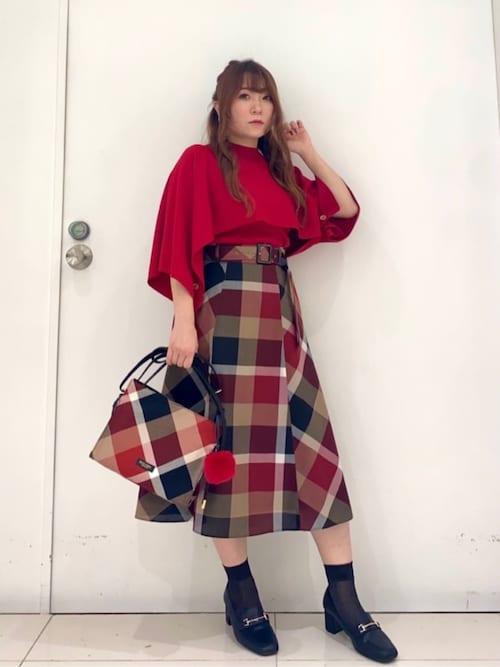 クレストブリッジチェックウールポリエステルフレアスカート