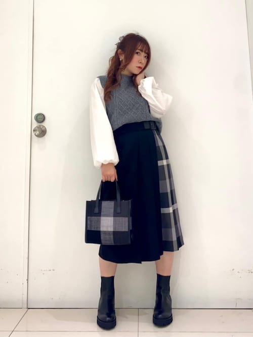 ウールライクツイルパーシャルチェックスカート（スカート）｜BLUE