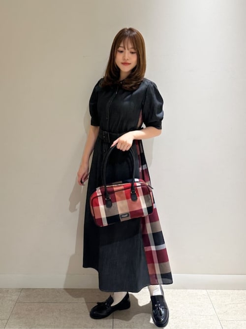 デニムライクパーシャルチェックドレス（ワンピース）｜BLUE