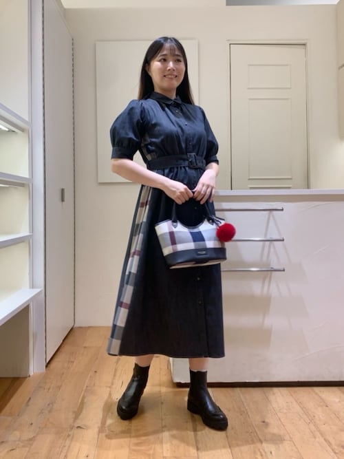 デニムライクパーシャルチェックドレス（ワンピース）｜BLUE LABEL