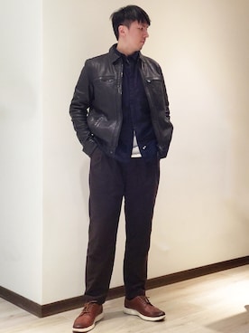 「ALLSAINTS（オールセインツ）のアイテム（ライダースジャケット）」を使った、mads Kaoさん（メンズ・178cm）の冬コーディネート