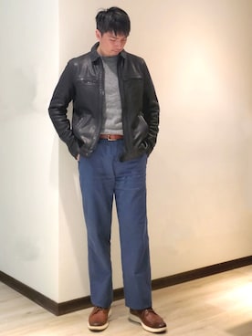 「アイテム（ライダースジャケット）」を使った、mads Kaoさん（メンズ・178cm）の冬コーディネート