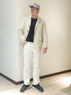 「SENSE OF PLACE by URBAN RESEARCH（センスオブプレイスバイアーバンリサーチ）のベーシックロゴシシュウキャップ（キャップ）」を使った、mads Kaoさん（メンズ・178cm）の春コーディネート
