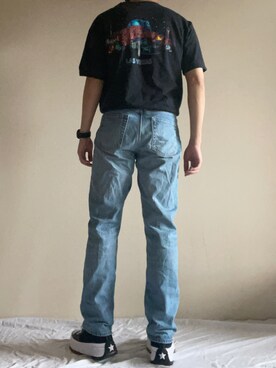 「PLANET HOLLYWOODのアイテム（Tシャツ/カットソー、ブラック系）」を使った、くーまさん（メンズ・169cm）の夏コーディネート
