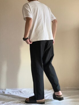 「usedのアイテム（スラックス、ブラック系）」を使った、くーまさん（メンズ・169cm）の夏コーディネート